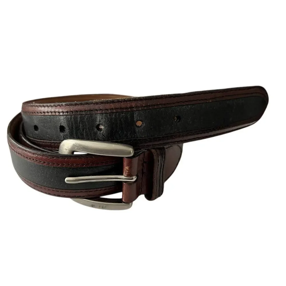 Johnston & Murphy Belt Men’s 44 Black Pebbled Leather & Brown Brass Buckle Italy